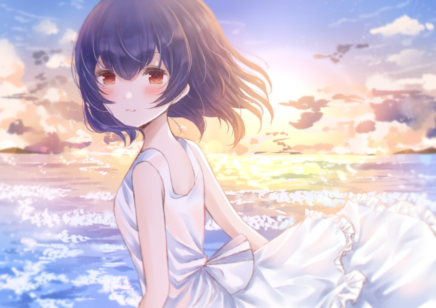 1girl absurdres blush dress dress_lift hair_between_eyes highres idolmaster idolmaster_shiny_colors looking_at_viewer looking_to_the_side morino_rinze namamake ocean open_mouth outdoors purple_hair red_eyes scenery short_hair sidelocks sky solo standing sundress white_dress