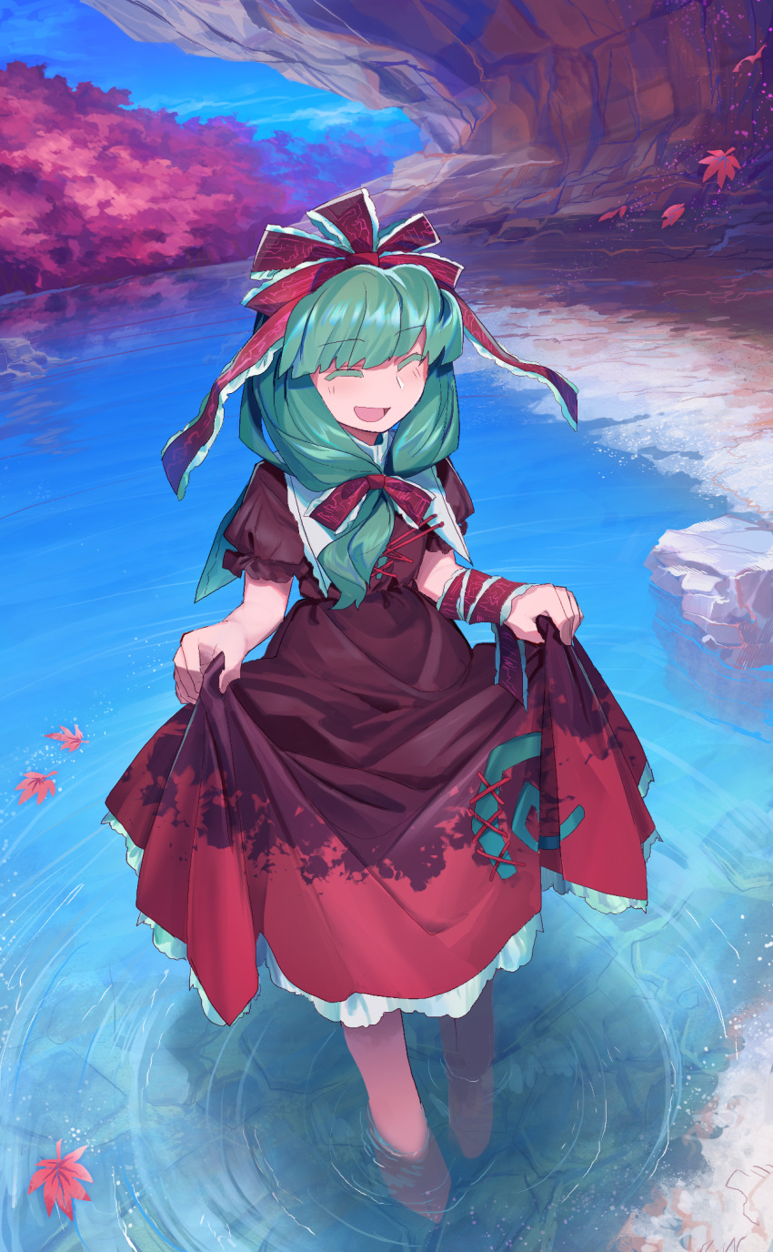 1girl :d barefoot blush bow closed_eyes dress dress_lift front_ponytail green_hair hair_bow highres kagiyama_hina leaf long_hair maple_leaf open_mouth outdoors puffy_short_sleeves puffy_sleeves red_bow red_dress river shichigatsu short_sleeves skirt_hold smile solo touhou tree wading walking