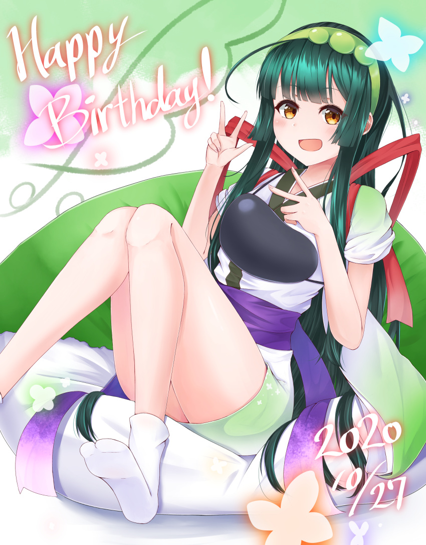 1girl absurdres bangs bean_bag_chair blunt_bangs commentary dated flower green_hair hairband happy_birthday highres japanese_clothes kimono knees_up long_hair looking_at_viewer muneate obi open_mouth pea_pod red_ribbon ribbon sash shirua_(s4-42424) shoes_removed sitting smile socks solo touhoku_zunko v very_long_hair voiceroid w white_kimono yellow_eyes