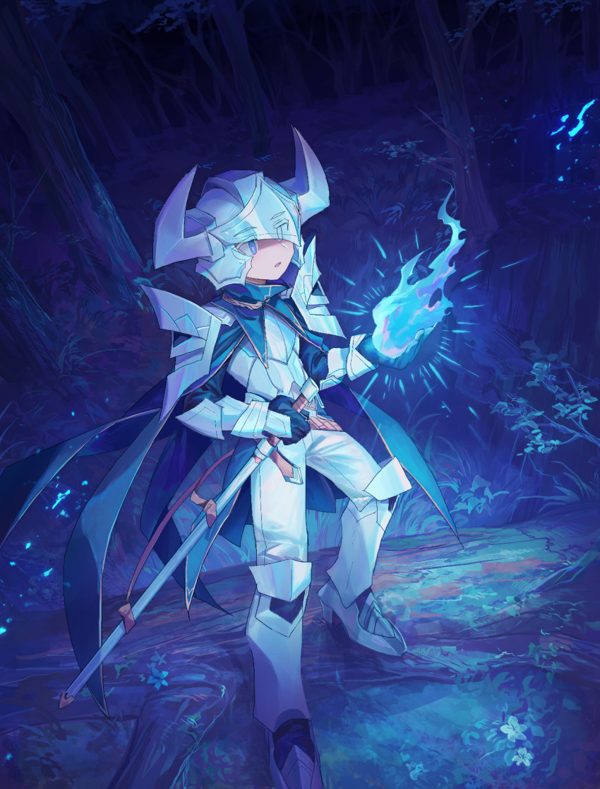 1other androgynous armor blue_cape blue_eyes blue_fire blue_theme boots breastplate cape fire forest gloves helmet highres holding holding_sword holding_weapon horned_helmet knight_(shichigatsu) metal_boots nature original pants parted_lips pauldrons shichigatsu shoulder_armor solo standing sword weapon white_pants