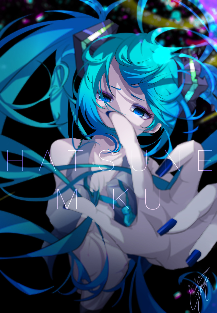 1girl absurdres blue_eyes blue_hair blue_nails breasts character_name floating_hair goma_irasuto hatsune_miku highres long_hair open_hand reaching_out solo under_boob very_long_hair vocaloid
