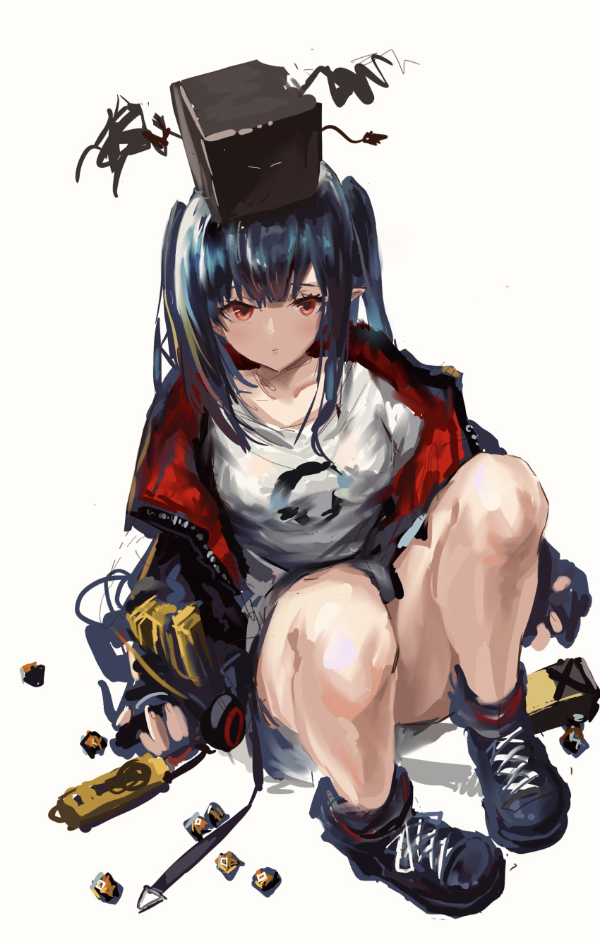1girl absurdres arknights bangs black_footwear black_hair black_jacket breasts closed_mouth closure_(arknights) collarbone commentary_request expressionless full_body hair_between_eyes highres holding jacket long_hair long_sleeves looking_at_viewer object_on_head open_clothes open_jacket originium_(arknights) pointy_ears red_eyes sawkm shirt shoes simple_background sitting sneakers solo twintails two_side_up white_background white_shirt