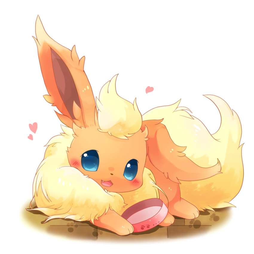 blue_eyes blush commentary_request fang flareon food_bowl full_body gen_1_pokemon heart looking_at_viewer lying no_humans on_stomach open_mouth paw_print pokemon pokemon_(creature) solo tongue ushiina white_background