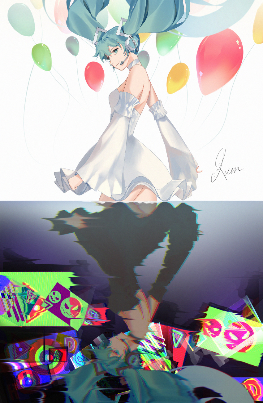 1girl absurdres balloon black_dress blue_hair dress dual_persona floating_hair glitch hatsune_miku headset highres huge_filesize kuroi_enpitsu looking_at_viewer reflection twintails vocaloid white_dress