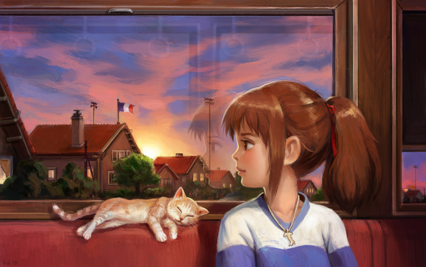 1girl absurdres bangs bench blue_shirt blush brown_eyes brown_hair bush cat chimney closed_mouth clouds cloudy_sky curtains elvafirst french_flag ground_vehicle hair_between_eyes hair_ribbon highres house huge_filesize italy jewelry looking_out_window necklace ogino_chihiro red_ribbon ribbon sen_to_chihiro_no_kamikakushi shirt short_hair short_ponytail sidelocks sitting sky sleeping solo striped striped_shirt sunset t-shirt tied_hair train tree upper_body utility_pole white_shirt window