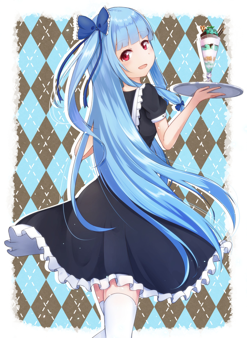 1girl absurdres apron argyle argyle_background black_dress blue_bow blue_hair bow chocolate_mint chocolate_mint_ice_cream commentary dress frilled_apron frilled_bow frilled_dress frills from_behind hair_bow highres holding holding_tray kotonoha_aoi long_hair looking_at_viewer looking_back open_mouth parfait red_eyes shirua_(s4-42424) sidelocks skindentation smile solo standing thigh-highs tray very_long_hair voiceroid wafer_stick waitress white_legwear zettai_ryouiki
