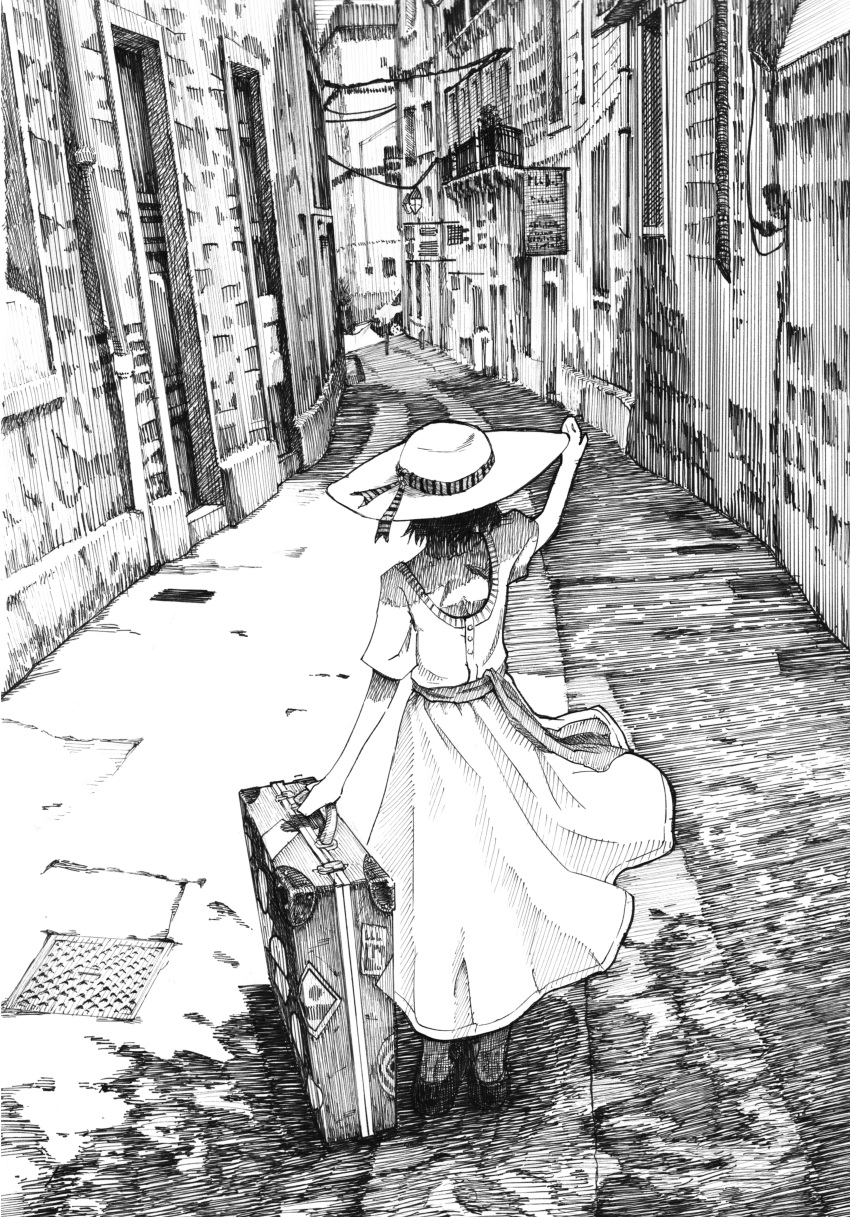 1girl absurdres arm_up building cluseller commentary dappled_sunlight dress from_behind full_body grate greyscale hat hat_ribbon highres monochrome original ribbon road sash shoes short_hair short_sleeves sign solo standing street suitcase sun_hat sunlight traditional_media waving