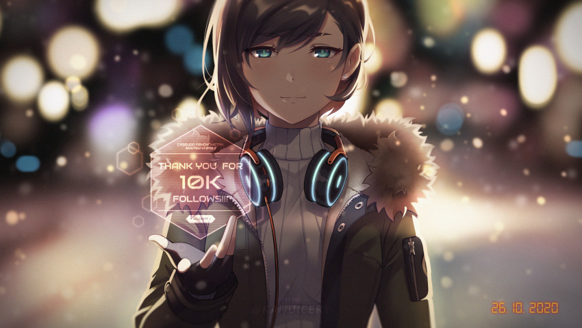 1girl absurdres bangs black_gloves blue_eyes blurry blurry_background closed_mouth coat earrings english_commentary fingerless_gloves fur_trim gloves headphones headphones_around_neck highres jewelry kaijuicery looking_at_viewer open_clothes open_coat open_hand original ribbed_sweater short_hair smile sweater swept_bangs thank_you turtleneck turtleneck_sweater
