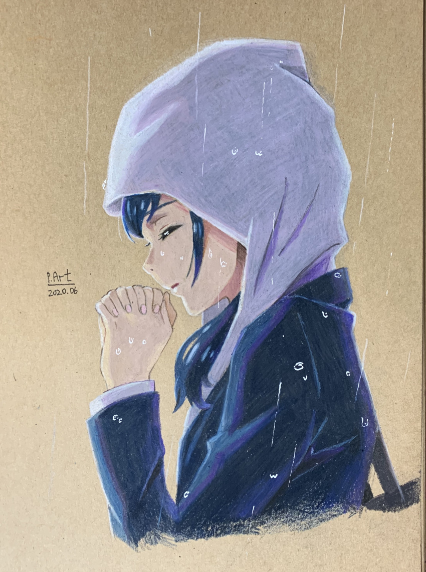 1girl 2020 absurdres amano_hina_(tenki_no_ko) blue_hair blue_jacket closed_eyes colored_pencil_(medium) cropped_torso dated from_side hands_clasped highres hood hood_up hooded_sweater jacket long_hair long_sleeves own_hands_together part66175290 shiny shiny_hair signature solo sweater tenki_no_ko traditional_media upper_body white_sweater