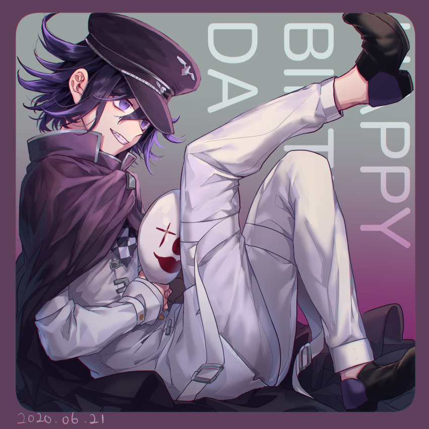 1boy bangs black_cape black_hair black_headwear border brown_footwear cape checkered checkered_scarf commentary_request dangan_ronpa dated fang from_side grin hair_between_eyes happy_birthday hat highres holding holding_mask jacket leg_up long_sleeves male_focus mask mask_removed nanin new_dangan_ronpa_v3 ouma_kokichi pants pink_border purple_hair scarf shoes short_hair sitting smile solo straitjacket teeth violet_eyes white_jacket white_pants