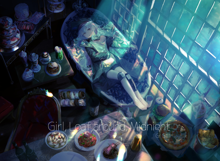 1girl absurdres aritsuno assault_rifle bare_shoulders barefoot bathtub blush_stickers cake cart chair cherry cupcake dessert doughnut english_text food ford fork french_fries fried_chicken fruit g11_(girls_frontline) garnish girls_frontline green_headwear green_jacket gun h&amp;k_g11 hamburger highres huge_filesize jacket kettle knee_pads lamb_chops light_rays loaf_of_bread long_hair lying mcdonald's milkshake night open_clothes open_jacket pancake pasta pizza plate pudding red_bull rifle scarf_on_head shrimp sleeveless spoon steak swiss_roll tiered_tray tray weapon whipped_cream window