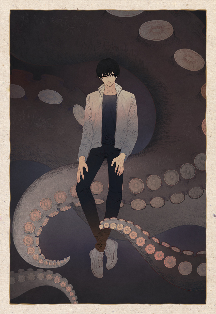 1boy black_eyes black_hair chainsaw_man closed_mouth collarbone earrings fingernails frame fucodoku grey_footwear grey_jacket hatching_(texture) highres jacket jewelry male_focus mole mole_under_mouth octopus_devil_(chainsaw_man) open_clothes open_jacket shoes sneakers solo standing tentacles yoshida_hirofumi zipper