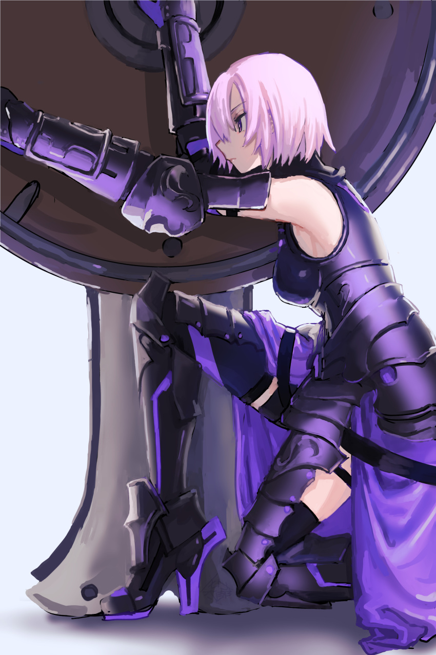 1girl absurdres armor armored_boots armored_dress black_footwear black_legwear boots breasts closed_mouth dress fate/grand_order fate_(series) faulds from_side gauntlets hair_over_one_eye high_heel_boots high_heels highres mash_kyrielight medium_breasts momomogeta one_knee pink_hair profile purple_dress shield short_hair sideboob solo thigh-highs thigh_strap violet_eyes