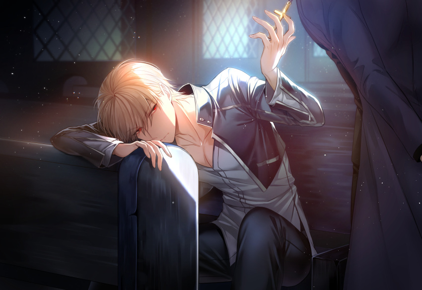 2boys absurdres arm_behind_back bangs black_jacket black_pants blonde_hair closed_mouth collarbone cross cross_necklace dress_shirt dust_particles eyebrows_visible_through_hair fate/stay_night fate_(series) gilgamesh grey_shirt hair_between_eyes highres indoors jacket jewelry kotomine_kirei leaning_forward long_sleeves multiple_boys necklace open_clothes open_jacket pants red_eyes rijjin shirt short_hair