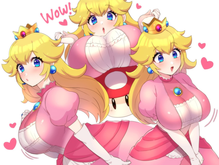 1girl alternate_breast_size blonde_hair blue_eyes blush breast_rest breasts crown dress earrings elbow_gloves english_text gloves heart huge_breasts jewelry kinakosuki lips long_hair looking_at_viewer super_mario_bros. multiple_views open_mouth pink_dress princess_peach simple_background upper_teeth white_background