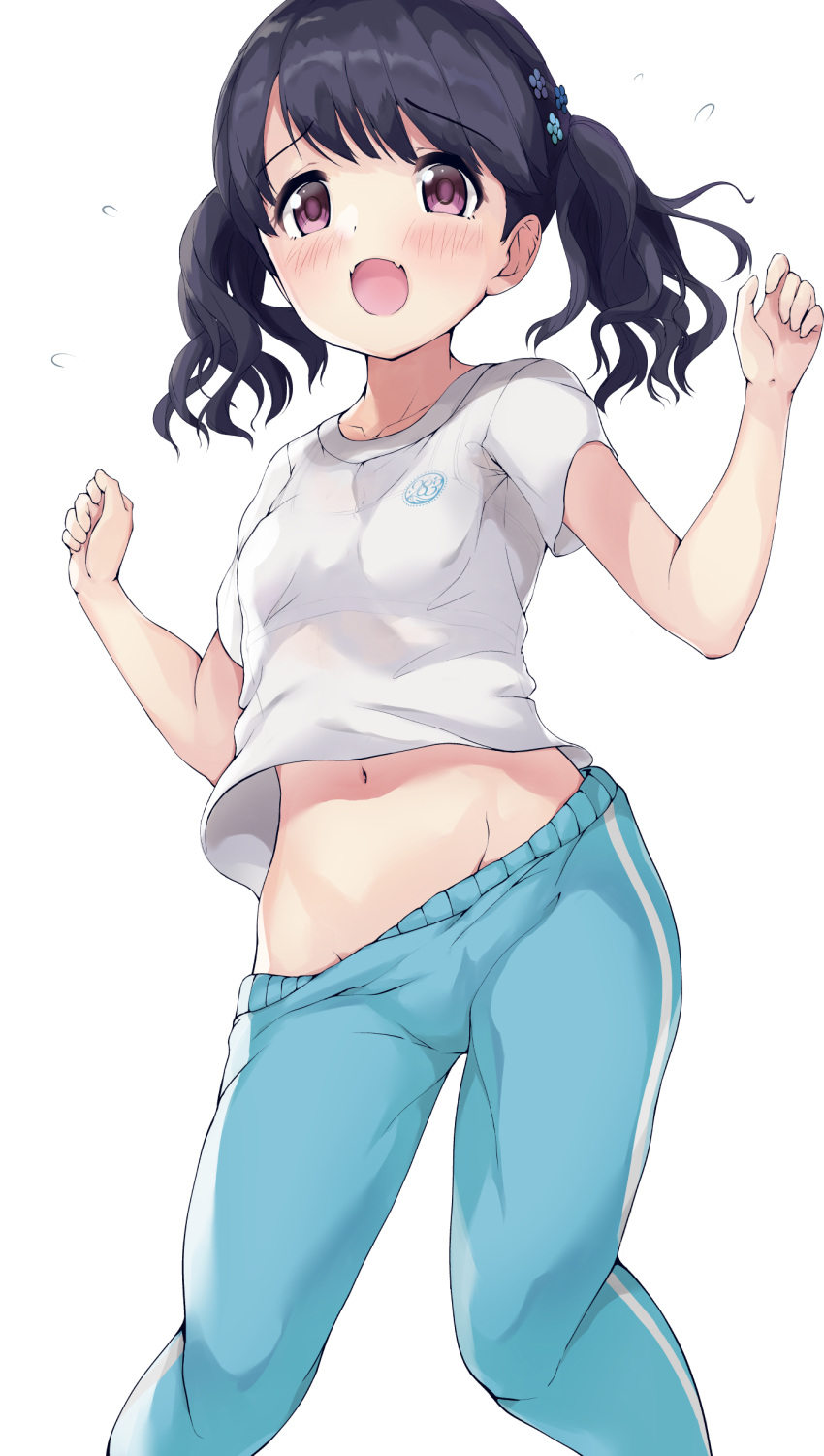 1girl :d absurdres bangs black_hair blue_flower blue_pants blush bra bra_through_clothes breasts brown_eyes collarbone commentary_request eyebrows_visible_through_hair fangs flower flying_sweatdrops fukumaru_koito groin hair_flower hair_ornament hands_up highres idolmaster idolmaster_shiny_colors kuroba_aki midriff navel open_mouth pants shirt short_sleeves simple_background small_breasts smile solo track_pants twintails underwear white_background white_shirt