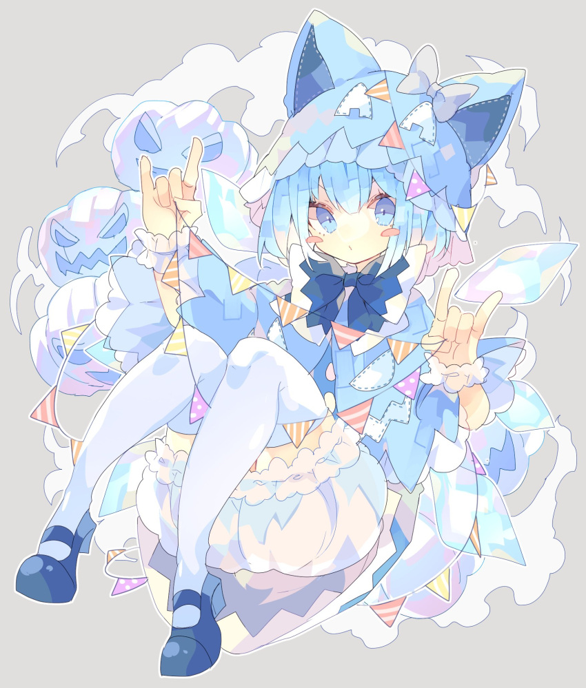 1girl \n/ alternate_costume animal_ears animal_hat bloomers blue_dress blue_eyes blue_footwear blue_hair blue_headwear blue_neckwear blush_stickers bow bowtie capelet cat_ears cat_hat cirno detached_wings double_\n/ dress fake_animal_ears full_body grey_background grey_bow hat hat_bow highres holding ice ice_wings jack-o'-lantern jack-o'-lantern_print looking_at_viewer mary_janes nikorashi-ka shoes short_hair solo string_of_flags symbol_commentary thigh-highs touhou underwear white_legwear wings wrist_cuffs