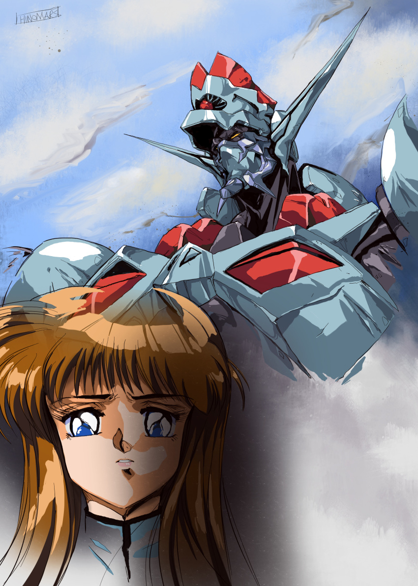 1980s_(style) 1girl absurdres artist_name blue_eyes brown_hair dangaioh_hyper_combat_unit dangaiou highres hinomars19 looking_at_viewer looking_up mecha mia_alice oldschool super_robot yellow_eyes