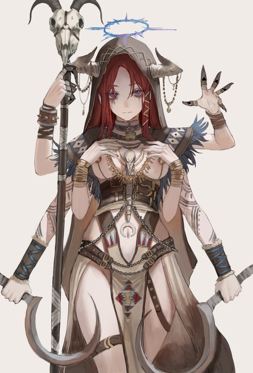 1girl absurdres bracelet extra_arms eyebrows_visible_through_hair feather_trim gold_can halo hands_on_own_chest highres holding holding_staff hood hood_up horns jewelry key lock looking_at_viewer navel necklace original padlock redhead sickle skull solo staff tattoo violet_eyes