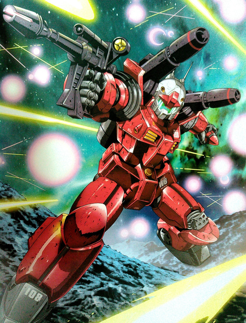 aiming gun guncannon gundam highres holding holding_gun holding_weapon laser mecha mobile_suit_gundam mutaguchi_hiroki no_humans science_fiction shoulder_cannon solo space visor weapon