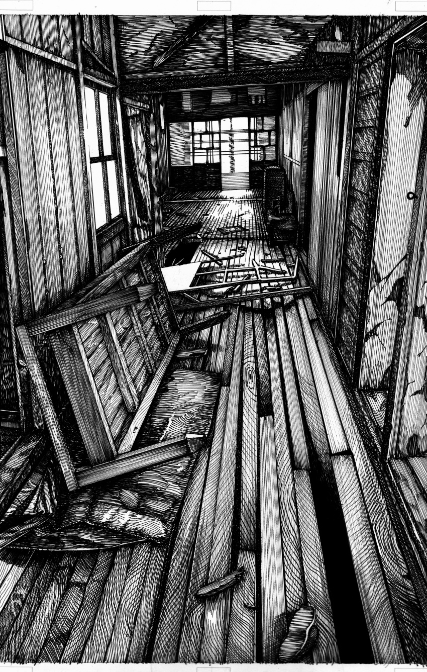 abandoned absurdres cluseller commentary greyscale highres huge_filesize indoors letterboxed monochrome no_humans original rubble scenery table traditional_media window wooden_floor