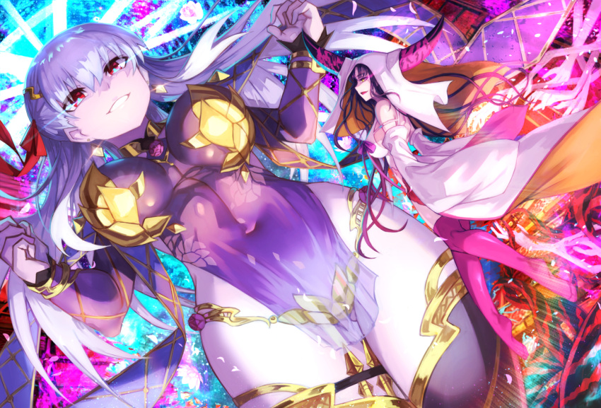 2girls armlet armor bangs bare_shoulders bikini_armor bracelet breasts collar david_lee detached_sleeves dress earrings fate/extra fate/extra_ccc fate/grand_order fate_(series) floral_print hair_ribbon halo jewelry kama_(fate/grand_order) large_breasts long_hair looking_at_viewer metal_collar multiple_girls pelvic_curtain purple_dress purple_legwear purple_sleeves red_eyes red_ribbon ribbon ring sesshouin_kiara silver_hair smile thigh-highs thighlet thighs