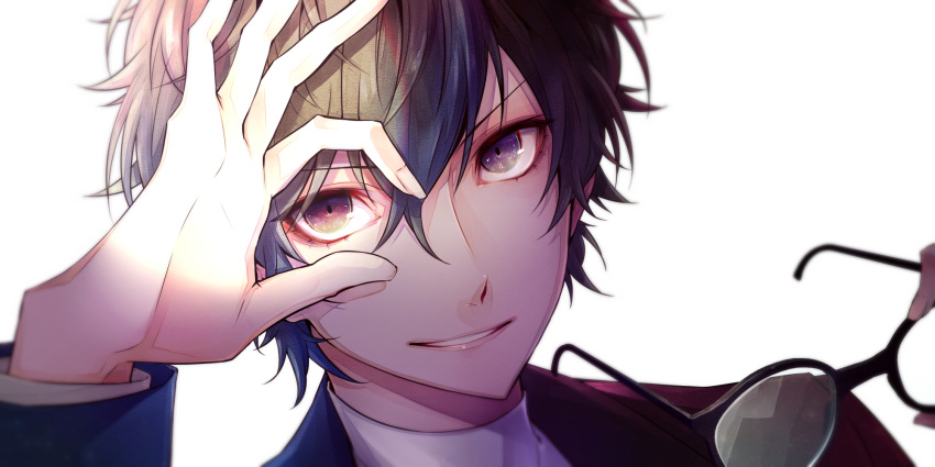 1boy amamiya_ren black_hair eyebrows_visible_through_hair face glasses hair_between_eyes highres holding holding_eyewear long_sleeves male_focus ok_sign parted_lips persona persona_5 simple_background smile solo white_background yuu_(isis7796)