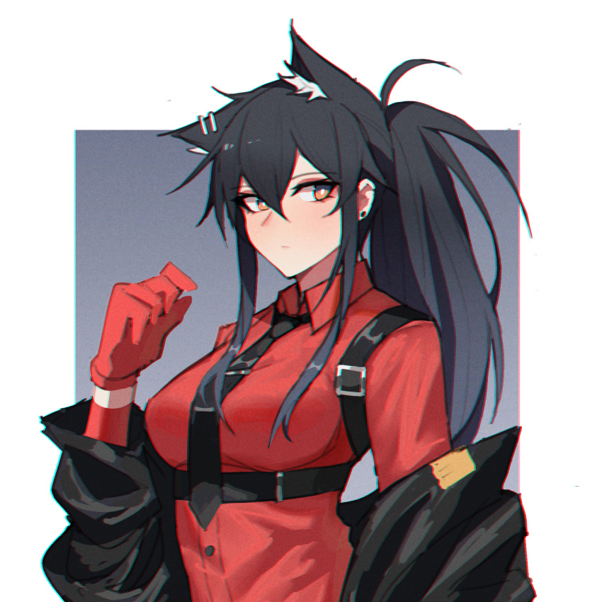 1girl alternate_hairstyle animal_ear_fluff animal_ears arknights bangs black_hair black_jacket black_neckwear breasts brown_eyes chromatic_aberration commentary_request earrings gloves hair_between_eyes hand_up hanenosaki highres jacket jewelry long_ponytail looking_at_viewer medium_breasts necktie off_shoulder ponytail red_gloves red_shirt shirt sidelocks solo stud_earrings texas_(arknights) upper_body wing_collar wolf_ears