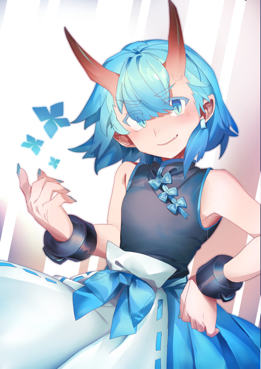 1girl absurdres apron blue_eyes blue_hair blue_nails blue_skirt cowboy_shot cuffs earrings fang fingernails flat_chest hand_on_hip hand_up highres horns jewelry looking_at_viewer nail_polish oni_horns original parted_lips pointy_ears shackles shichigatsu skirt slit_pupils smile solo tamaki_(shichigatsu) waist_apron white_apron