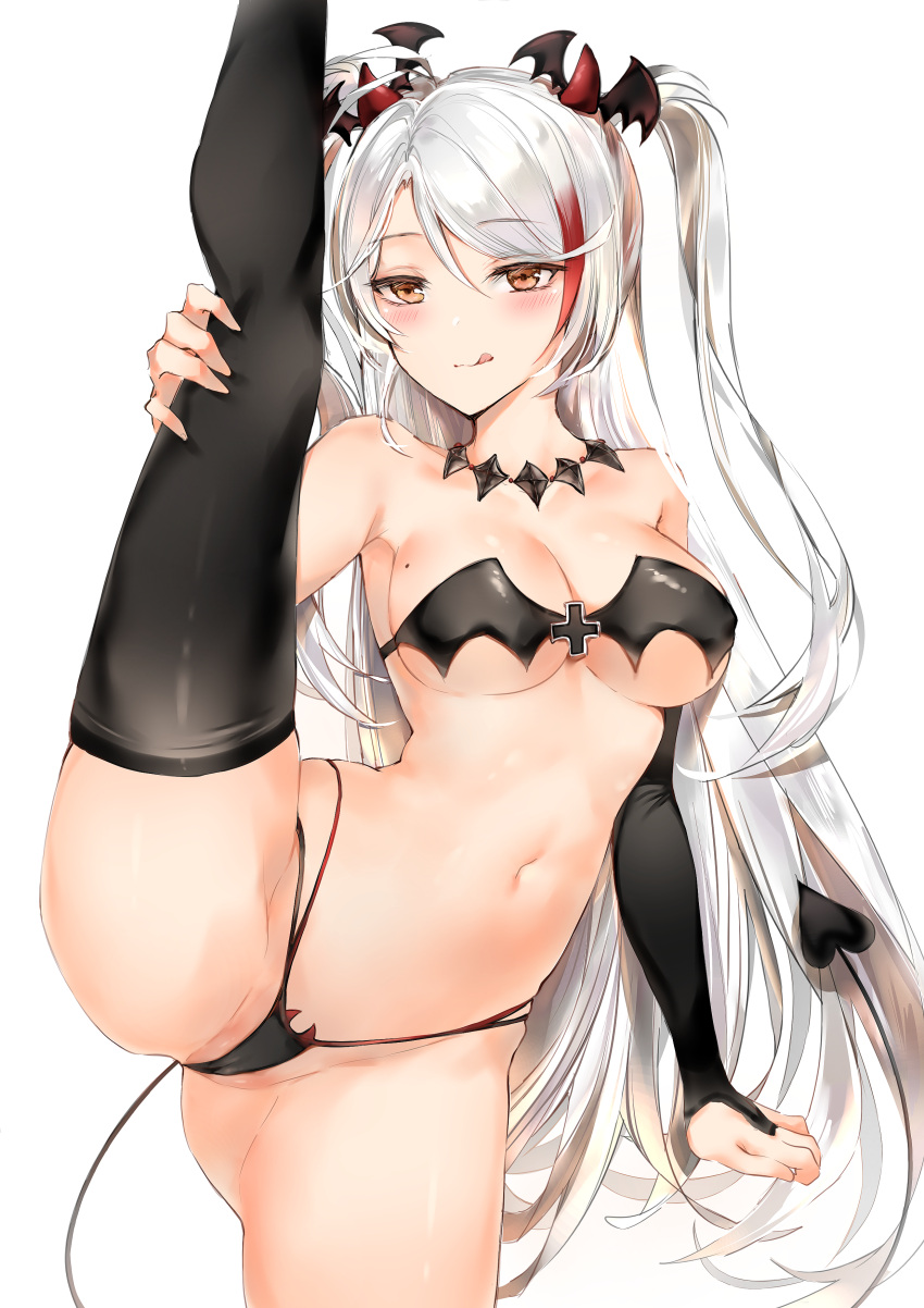 1girl absurdres antenna_hair azur_lane bangs bikini black_bikini blush breasts brown_eyes highres large_breasts leg_lift leg_up licking_lips long_hair looking_at_viewer mole mole_on_breast multicolored_hair navel prinz_eugen_(azur_lane) redhead silver_hair simple_background smile split standing standing_on_one_leg standing_split streaked_hair swept_bangs swimsuit tongue tongue_out two_side_up white_background yukineko1018