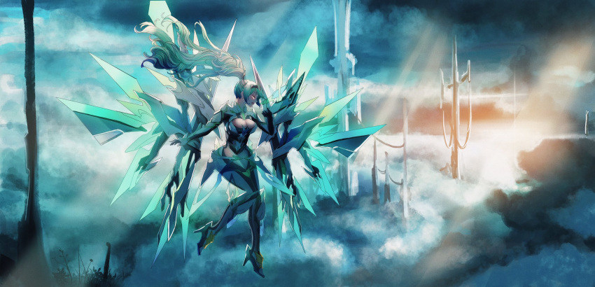 1girl above_clouds bangs breasts chest_jewel closed_eyes clouds cloudy_sky dengadengadeng floating full_body gloves green_hair high_heels highres large_breasts levitation long_hair long_ponytail outdoors pneuma_(xenoblade) ponytail sky solo swept_bangs tiara very_long_hair xenoblade_chronicles_(series) xenoblade_chronicles_2