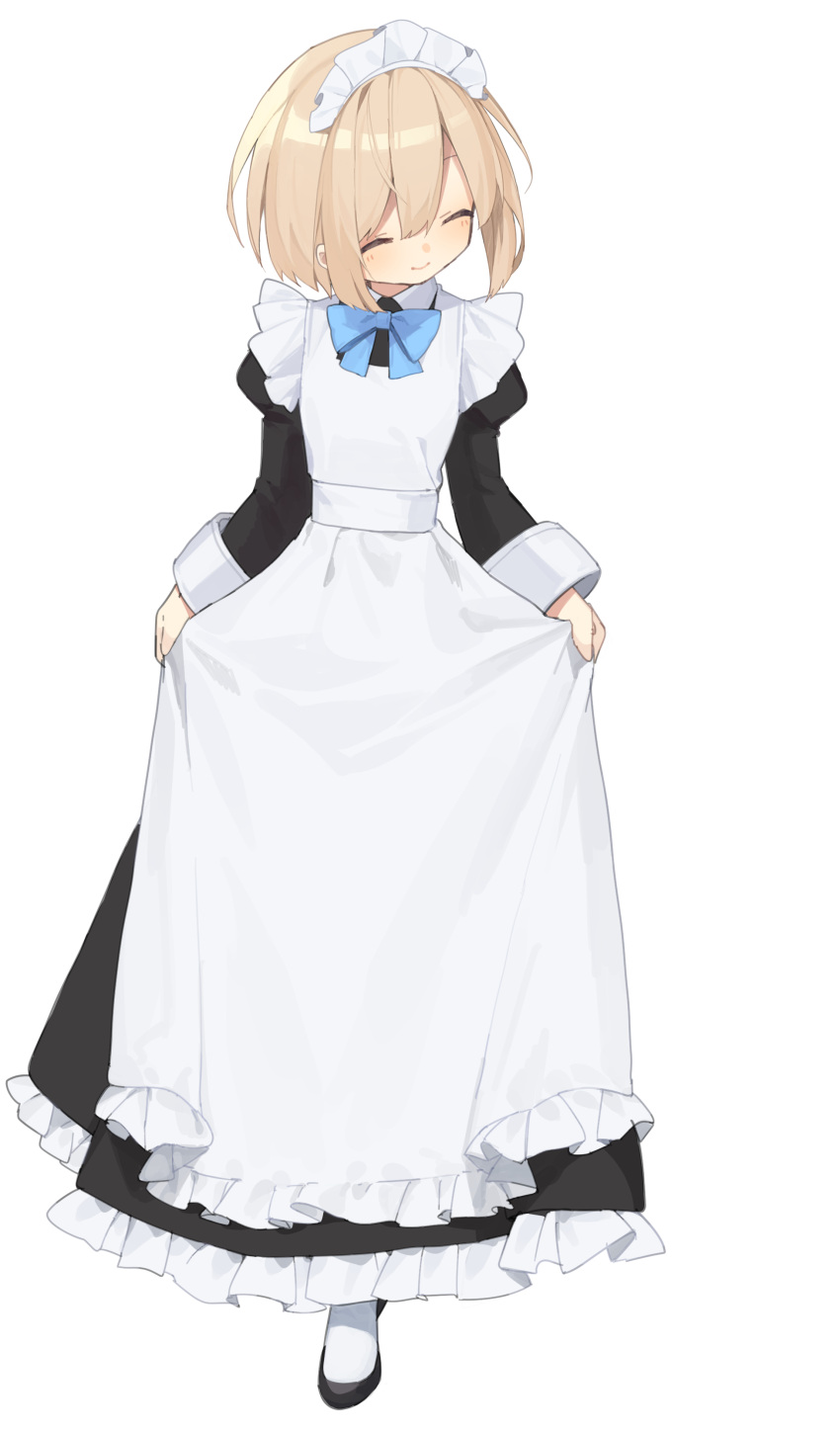 1girl absurdres alternate_costume apron black_dress black_footwear blue_neckwear blush bow bowtie buran_buta closed_eyes curtsey dress enmaided facing_to_the_side frilled_apron frilled_dress frills full_body hair_between_eyes high_heels highres long_dress maid maid_headdress neptune_(series) rom_(neptune_series) simple_background skirt_hold smile solo white_apron white_background
