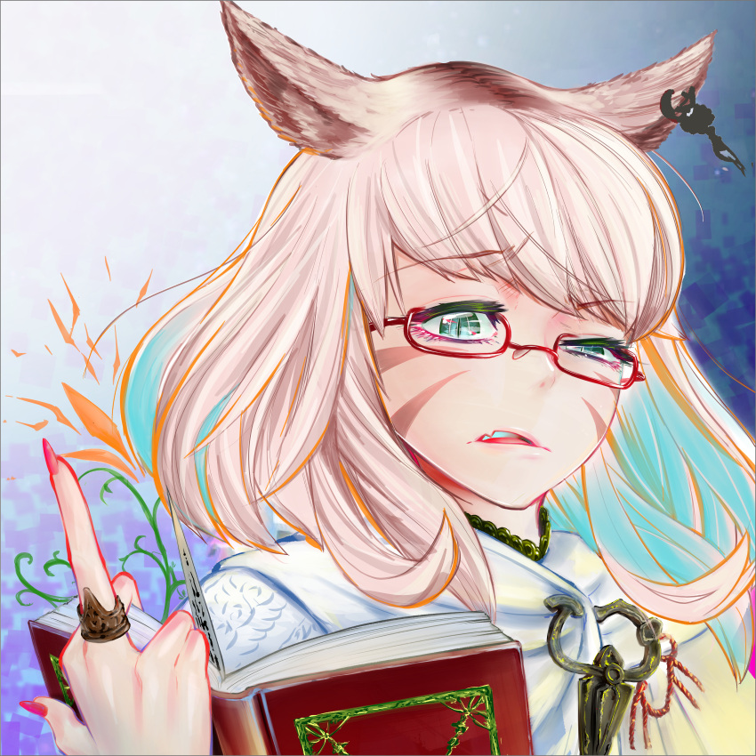 1girl absurdres animal_ears bangs blonde_hair blue_hair book cluseller colored_inner_hair commentary_request eyebrows_visible_through_hair facial_mark fang final_fantasy final_fantasy_xiv flower glasses gradient gradient_background green_eyes half-closed_eye hand_up highres holding huge_filesize jewelry looking_at_viewer medium_hair middle_finger miqo'te multicolored_hair nail_polish open_book open_mouth orange_flower raised_eyebrow red-framed_eyewear red_nails ring semi-rimless_eyewear shirt simple_background single_earring skin_fang slit_pupils solo two-tone_hair uneven_eyes whisker_markings white_shirt