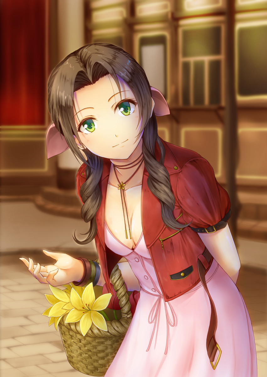 1girl aerith_gainsborough arm_behind_back basket belt blurry blush bow breasts brown_hair building buttons collarbone crop_top depth_of_field dress final_fantasy final_fantasy_vii flower green_eyes hair_bow hair_intakes hair_over_shoulder hand_up head_tilt highres holding holding_basket jacket lanyard leaning_forward light_smile lily_(flower) long_hair looking_at_viewer open_clothes open_jacket orishin outdoors parted_hair pink_dress red_jacket road sett short_sleeves small_breasts solo standing street tulip wristband