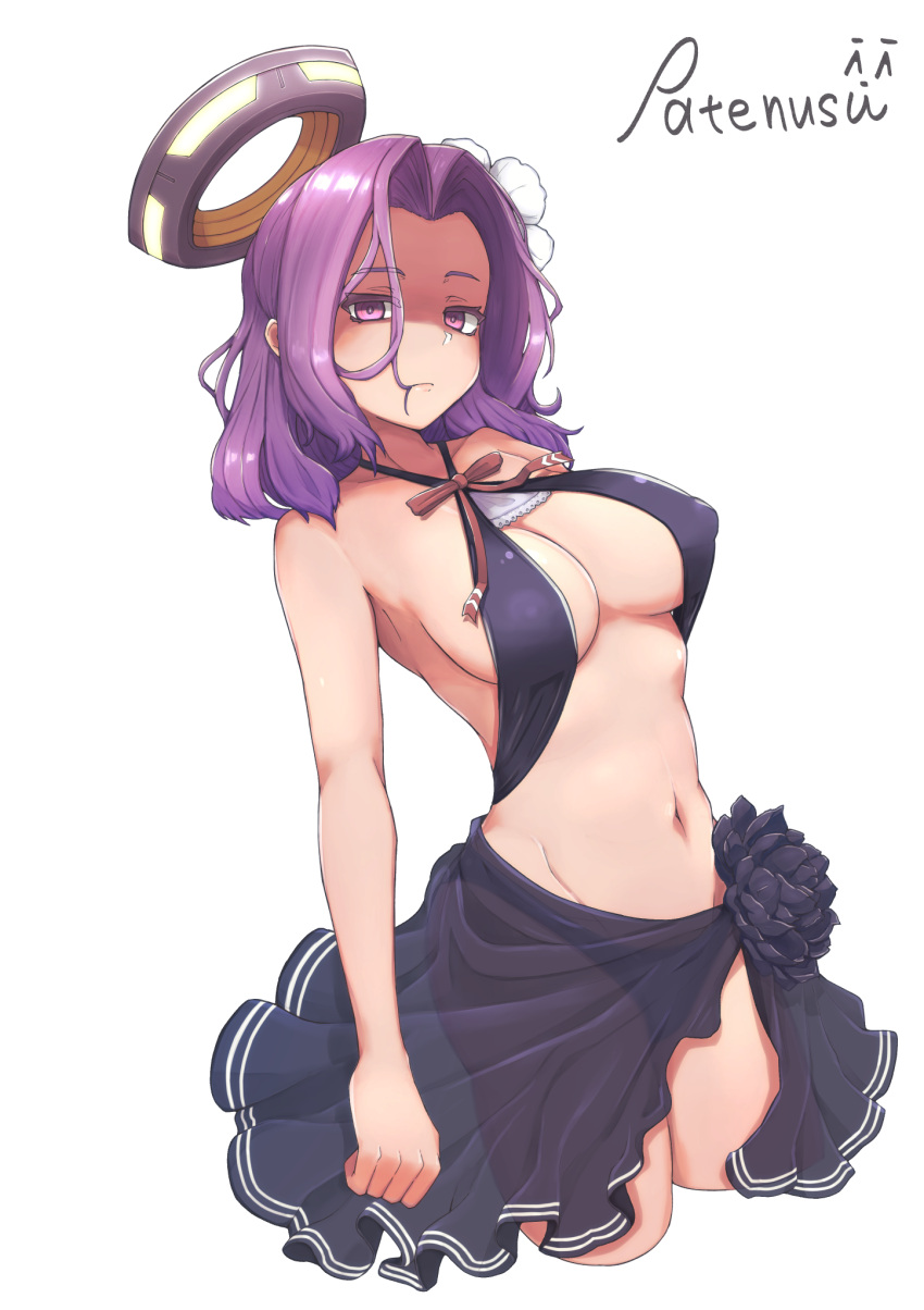 1girl bangs bikini black_swimsuit breasts covered_nipples cropped_legs flower hair_flower hair_in_mouth hair_intakes hair_ornament highres kantai_collection large_breasts mechanical_halo medium_hair patenusu purple_hair sarong shaded_face signature simple_background solo swimsuit tatsuta_(kantai_collection) violet_eyes white_background