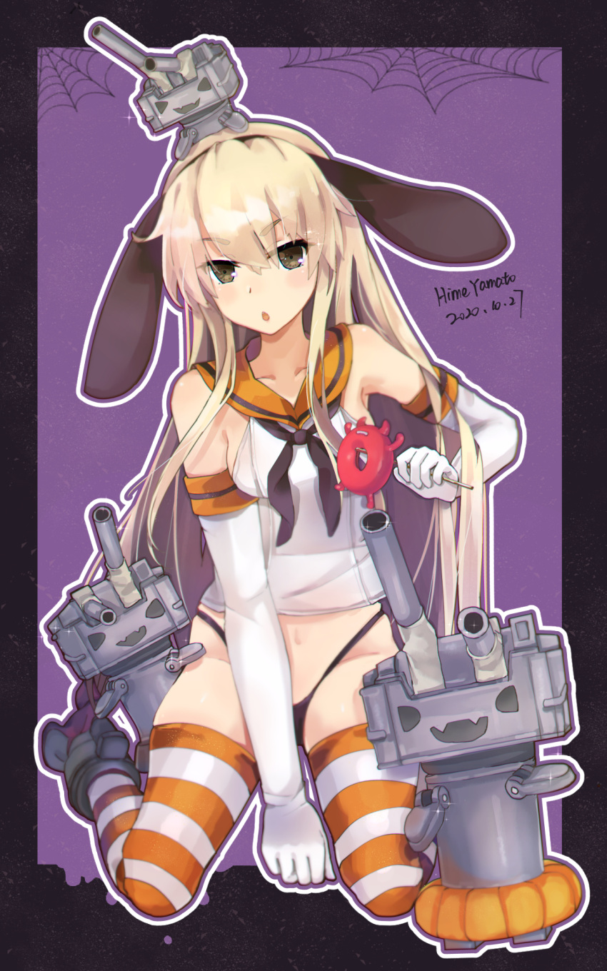 1girl abyssal_ship adapted_costume animal_ears artist_name black_neckwear black_panties blonde_hair commentary_request creature_on_head crop_top dated elbow_gloves enemy_lifebuoy_(kantai_collection) fake_animal_ears gloves grey_eyes halloween highleg highleg_panties highres himeyamato kantai_collection kneeling long_hair looking_at_viewer neckerchief no_pants orange_sailor_collar panties purple_background rabbit_ears rensouhou-chan sailor_collar shimakaze_(kantai_collection) silk spider_web striped striped_legwear thigh-highs underwear white_gloves