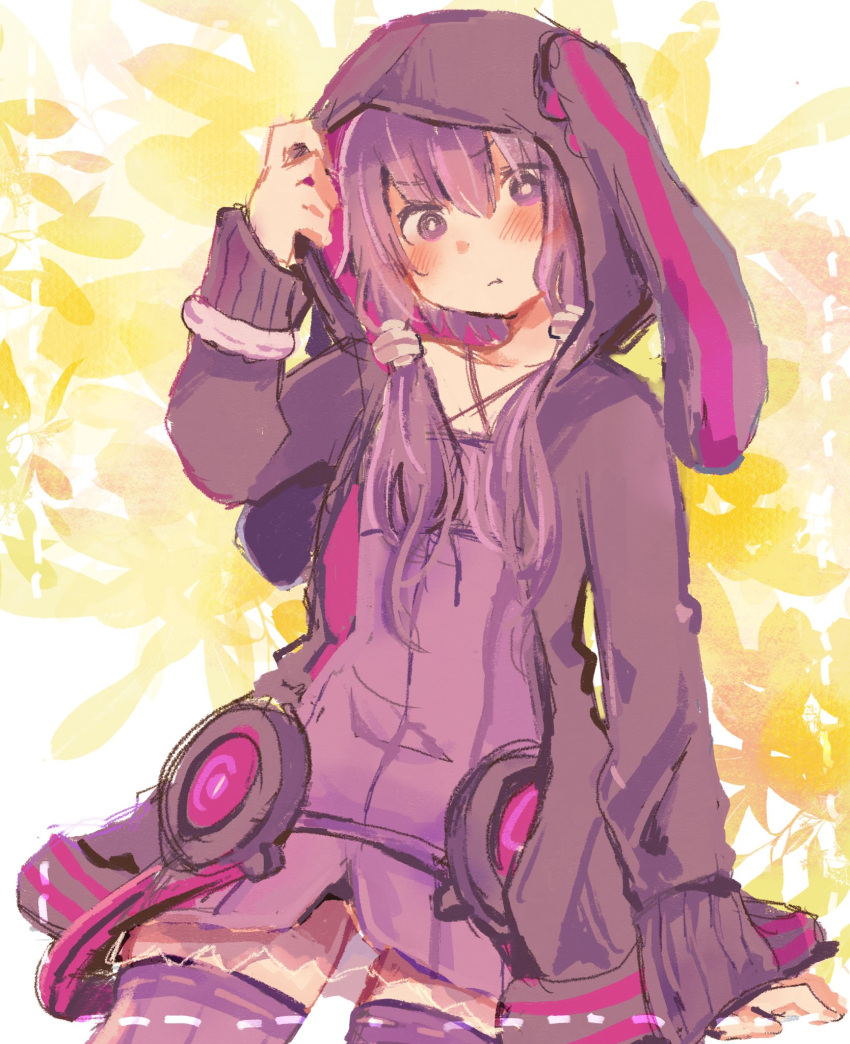 1girl animal_ears animal_hood blush bracelet bunny_hood commentary cowboy_shot criss-cross_halter dress hair_tubes halterneck hand_up highres hood hood_up hooded_jacket jacket jewelry kyuaa looking_at_viewer pouty_lips purple_dress purple_hair purple_jacket purple_legwear rabbit_ears sidelocks solo thigh-highs v-shaped_eyebrows violet_eyes vocaloid voiceroid yellow_background yuzuki_yukari zettai_ryouiki