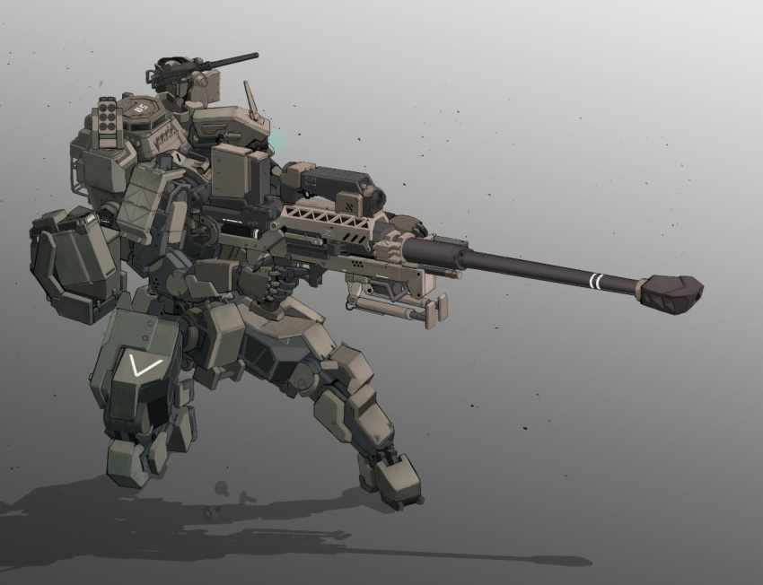 ak_ban22 glowing glowing_eye gradient gradient_background gun holding holding_gun holding_weapon looking_to_the_side mecha military one-eyed one_knee original rifle shadow sniper_rifle solo turret weapon
