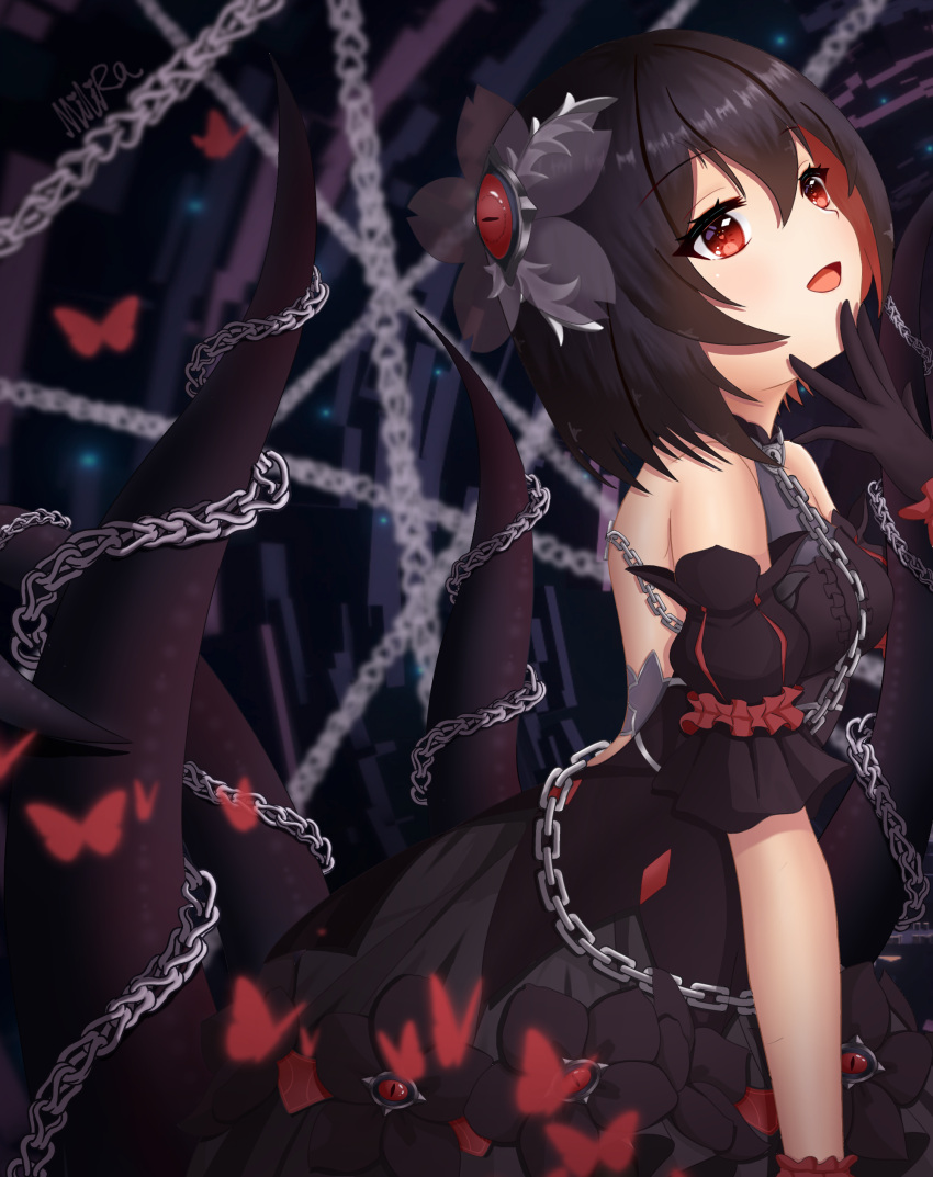 1girl absurdres bare_back bare_shoulders black_hair bug butterfly chain detached_sleeves dress frills gloves hair_ornament hand_on_own_chin highres honkai_(series) honkai_impact_3rd insect milira open_mouth red_eyes seele_vollerei short_hair smile straight_hair tentacles