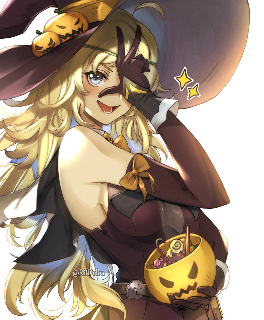 1girl bare_shoulders belt black_gloves blonde_hair bow breasts candy circlet covering_one_eye dress elbow_gloves fire_emblem fire_emblem_fates fishnet_fabric food gloves grey_eyes halloween_basket halloween_costume hat highres jack-o'-lantern long_hair medium_breasts open_mouth ophelia_(fire_emblem) orange_bow ritence simple_background smile solo sparkle strapless strapless_dress twitter_username upper_body white_background witch_costume witch_hat