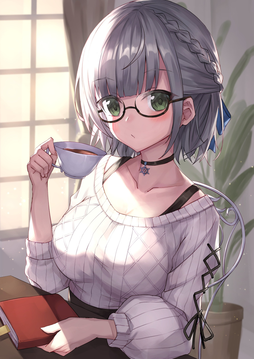 1girl absurdres ahoge bangs black_choker blunt_bangs blush book bookmark braid breasts choker closed_mouth collarbone commentary cup curtains eyebrows_visible_through_hair french_braid glasses green_eyes hair_ribbon highres holding holding_book holding_cup hololive indoors large_breasts looking_at_viewer masaki_(msk064) plant potted_plant ribbed_sweater ribbon semi-rimless_eyewear shirogane_noel short_hair silver_hair sitting smile solo sunlight sweater teacup upper_body virtual_youtuber white_sweater window