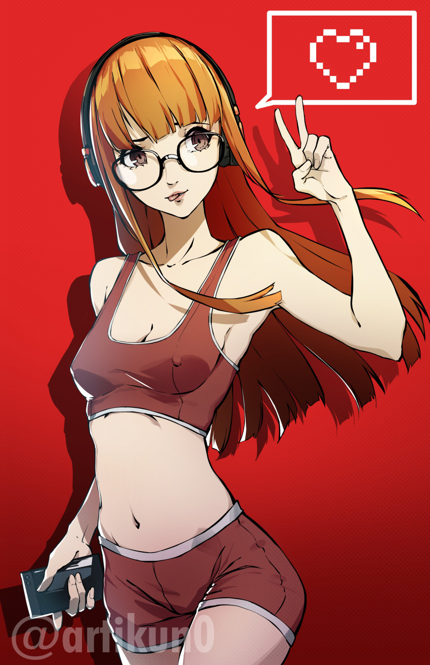 1girl absurdres artist_name bike_shorts breasts brown_eyes glasses headphones heart highres kuno_(runkunochan) long_hair midriff orange_hair persona persona_5 red_background sakura_futaba signature small_breasts smile solo sports_bra sportswear tank_top tongue tongue_out twitter_username v