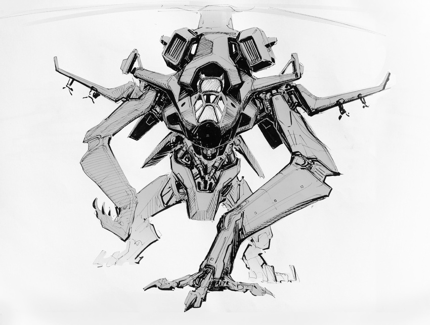a_motorcycle_with_teeth aircraft english_commentary grey_background helicopter looking_at_viewer mecha monochrome no_humans original propeller science_fiction solo traditional_media walking