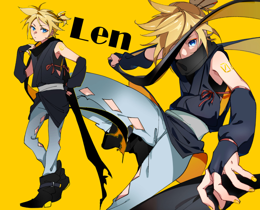 1boy bare_shoulders belt black_scarf black_shirt black_sleeves blonde_hair blue_eyes boots bridal_gauntlets character_name commentary covered_mouth denim diamond_cutout eyeliner highres japanese_clothes jeans kagamine_len looking_at_viewer makeup male_focus motu0505 multiple_views nail_polish pants ribbon scarf shirt short_ponytail sleeveless sleeveless_shirt solo spiky_hair standing vocaloid yellow_background yellow_nails