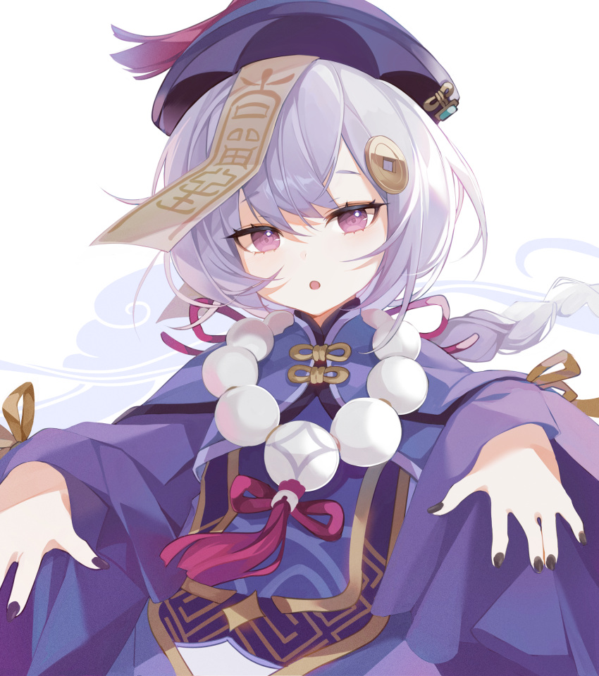 1girl bead_necklace beads black_nails genshin_impact hair_ornament hair_ribbon half-closed_eyes highres jewelry jiangshi long_sleeves looking_at_viewer necklace open_mouth purple_hair qiqi ribbon saibe solo violet_eyes wide_sleeves