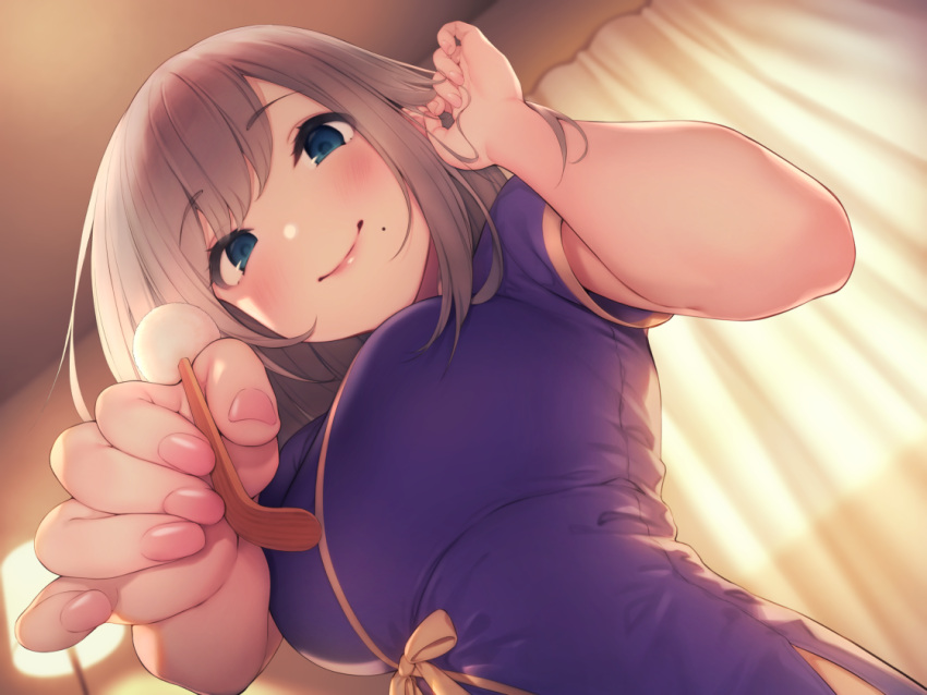 1girl bangs blue_eyes blush breasts brown_hair commentary_request eyebrows_visible_through_hair lap_pillow lap_pov mimikaki mole mole_under_eye nail_polish original pokachu smile