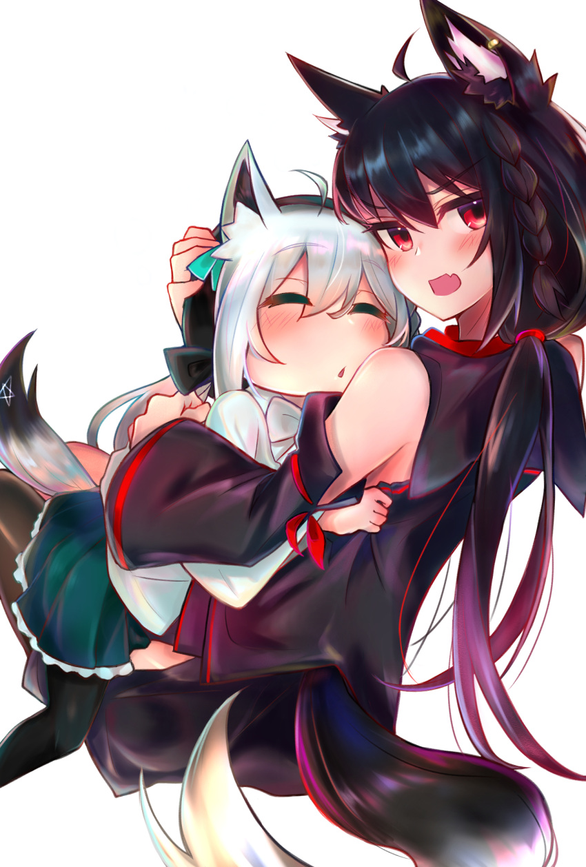 2girls ahoge animal_ear_fluff animal_ears bangs bare_shoulders beret black_hair black_headwear black_hoodie blush braid closed_eyes commentary_request detached_sleeves earrings eyebrows_visible_through_hair fox_ears fox_girl fox_tail green_skirt hair_between_eyes hair_ribbon hat highres hololive hug iwahada jewelry kurokami_fubuki loli long_hair long_sleeves looking_at_viewer looking_back multiple_girls open_mouth pantyhose pentagram red_eyes ribbon shirakami_fubuki shirt sidelocks simple_background single_braid skirt tail virtual_youtuber white_background white_hair white_shirt