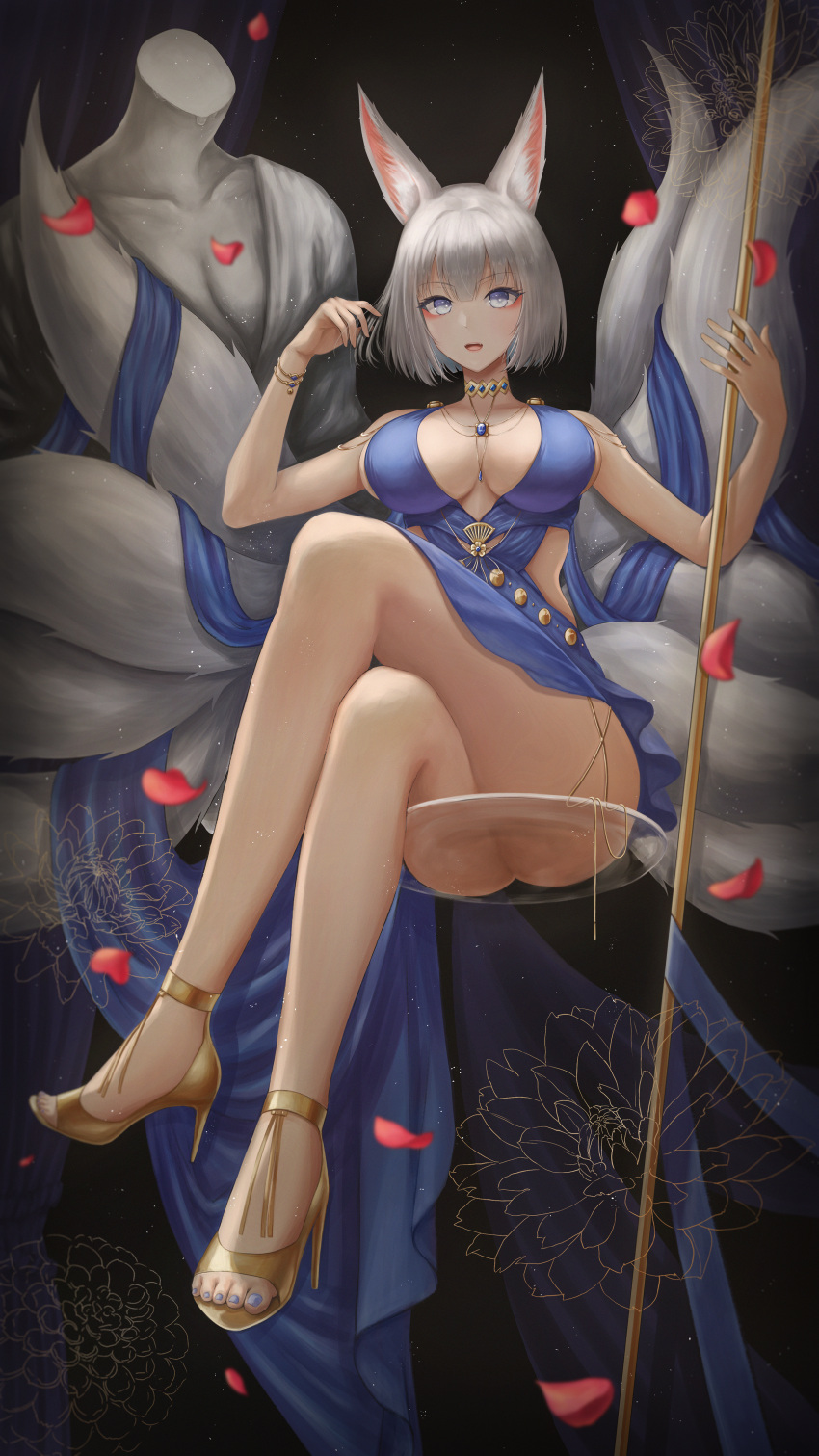 1girl absurdres ass azur_lane blue_dress blue_eyes breasts breasts_apart cleavage_cutout clothing_cutout collarbone commentary_request crossed_legs dress eyeshadow fox_girl high_heels highres holding holding_staff huge_filesize jewelry kaga_(azur_lane) kaga_(white-tailed_magnificence)_(azur_lane) large_breasts looking_at_viewer makeup multiple_tails nana_(nana17112018) necklace no_panties open_mouth short_hair sitting solo staff statue tail white_hair yellow_footwear