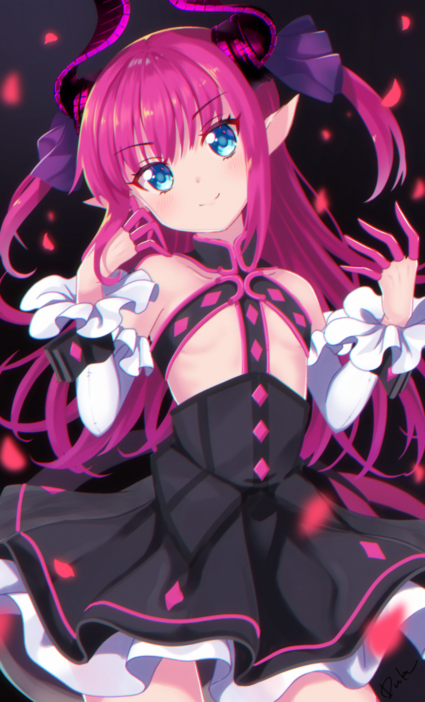 1girl absurdres bangs bare_shoulders black_background black_dress blue_eyes blurry closed_mouth commentary_request curled_horns depth_of_field detached_sleeves dress elizabeth_bathory_(fate) elizabeth_bathory_(fate)_(all) eyebrows_visible_through_hair fate/grand_order fate_(series) flat_chest floating_hair highres horns long_hair long_sleeves looking_at_viewer petals pink_hair pointy_ears shiny shiny_hair signature sleeveless sleeveless_dress smile solo standing usagi_koushaku white_sleeves wrist_cuffs