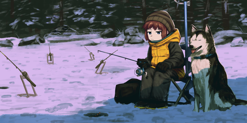 1girl animal aqua_collar beanie black_footwear black_gloves blue_eyes bright_pupils brown_hair brown_headwear closed_mouth commentary_request dog dog_request drill fish fishing fishing_rod folding_stool frozen_lake gloves grey_pants grey_sleeves hat highres holding holding_animal holding_fish hole hood hood_down hooded_jacket hoplitx ice_fishing jacket knit_hat nature original outdoors pants rock sitting snow solo tree white_pupils wide_shot winter winter_clothes yellow_jacket